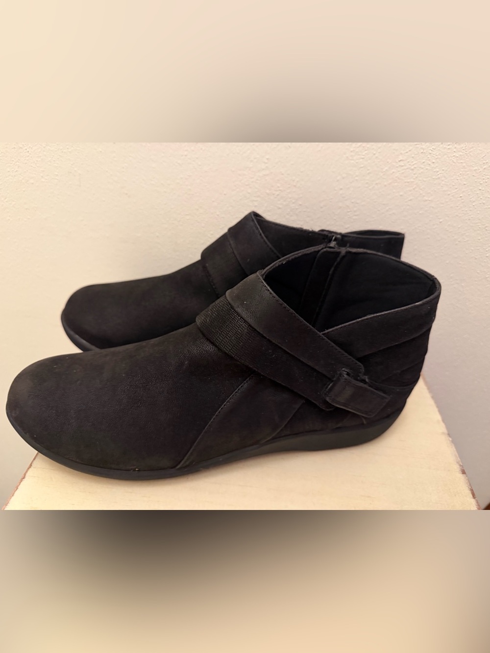 Clarks Black Suede Ankle Booties with Wrap Strap